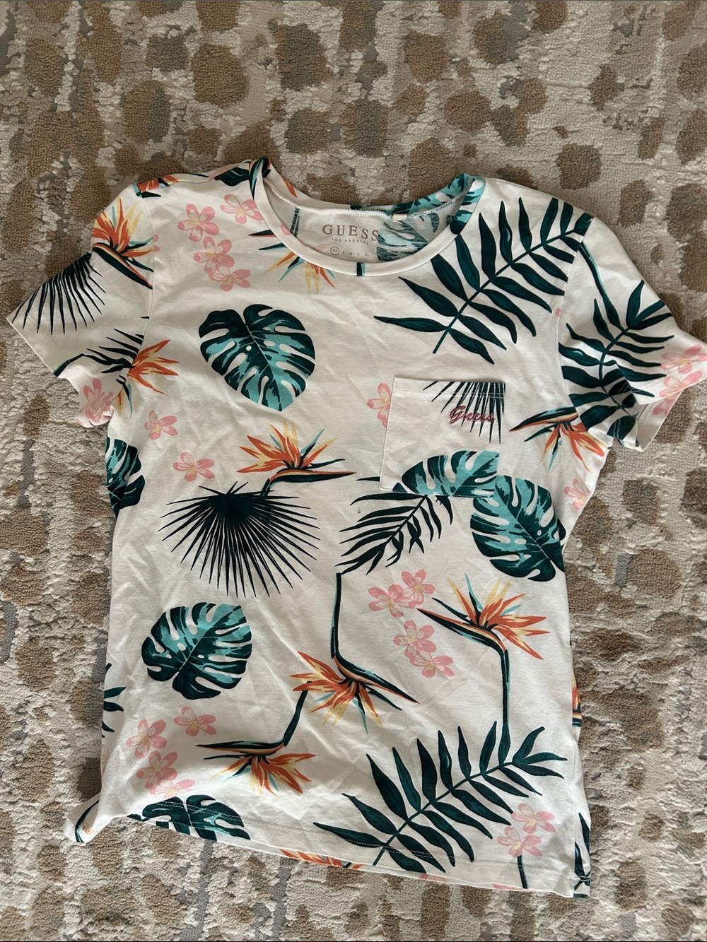 Guess White Tropical Leaf & Floral Pocket Tee